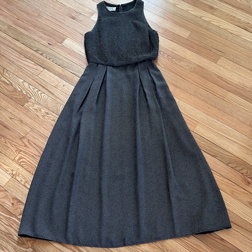 Chetta B sleeveless maxi dress, black w/ white polka dots. Rouched top. Size 8